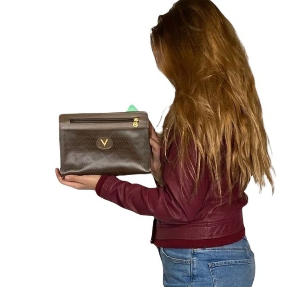 Authentic Mario Valentino Clutch Bag Pouch Cometic Brown PVC Used Handbag Vin - Picture 1 of 11